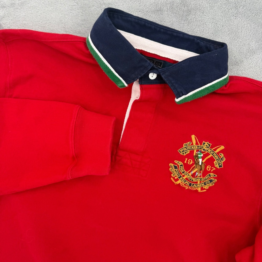 Vintage‎ Polo Ralph Lauren Red Rugby Shirt Custom Fit Winged Foot Crest Mens L